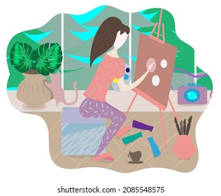 Vector flat illustration. Simple art. Girl painting in her room.