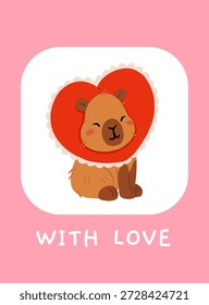 Ilustración plana de Vector en un estilo simple para niños sobre el tema del día de San Valentín. Capibaras lindos con corazones y alas sobre fondo blanco. Postal de amor para el día de San Valentín con capibara