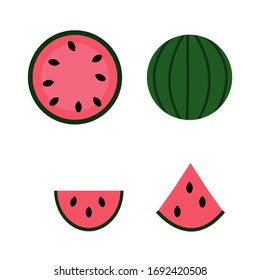 Vector flat illustration. Simple set of watermelon whole juice half quarter isolated on white. Element design for textile, fabric and other. 