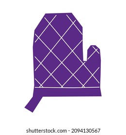 Vector flat illustration with simplified image of quilted potholder mitten. Purple element has geometric shape and stripes. Oven-glove created in minimalistic design on white background