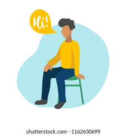Vector flat illustration of sitting boy with speech bubbles in minimalist style. Man speaking Hi. Used for social networks, users app.