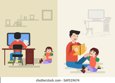 Vector flat illustration of sitting father on floor and reading yellow book to with little daughter. Busy father at the computer and upset sitting child. Suitable design for animation