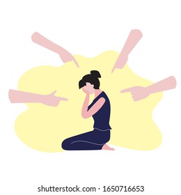 Vector flat illustration of sitting on the floor woman and many people's hands pointing finger on woman. Shaming, bulling, stressed on work concept