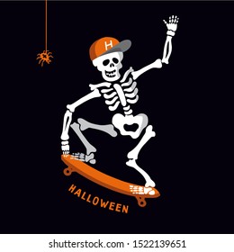 Vector flat illustration skeleton in cap. Template of Halloween party invitations or greeting card with handwritten calligraphy silhouette lettering. Dead man rides on a skateboard, does tricks