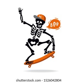 Vector flat illustration skeleton in cap. Template of Halloween party invitations or greeting card with handwritten calligraphy lettering Boo. Dead man rides on a skateboard, does tricks