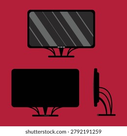 Vector flat illustration of a sleek desktop computer display screen with modern stand showing three different angles on a solid red backdrop.
