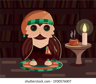 Vector flat illustration of a sleepy owl in a nightcap and slippers in a dark room in cartoon style. 
Against the background of a shelf with books. For children's book, magazine, poster, etc.