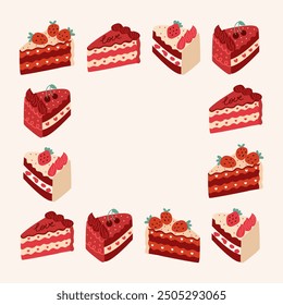 Vector flat illustration of slices of cakes with strawberries and cherries. Cute frame of pieces of birthday cakes. Design template for holiday greeting card