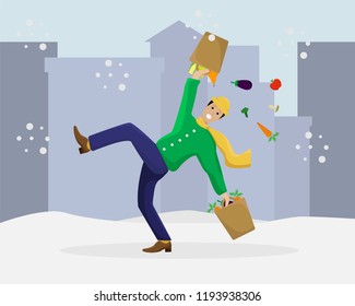 Vector flat illustration with a slipped man with shopping on ice. Winter season.