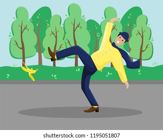Vector flat illustration with a slipped man on a banana peel in the park.