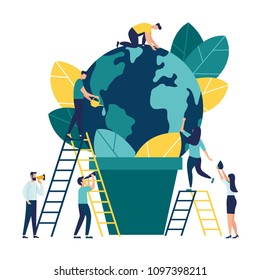 Vector flat illustration, small people prepare for the day of the environment, save the planet, save energy, the concept of the Earth day vector