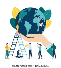 Vector flat illustration, small people prepare for the day of the environment, save the planet, save energy, the concept of the Earth day vector