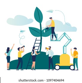 Vector flat illustration, small people prepare for the holiday, save the planet from pollution, grow a plant, World Environment Day, Bio Technology vector