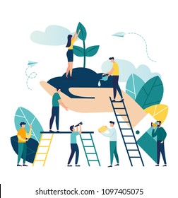 Vector flat illustration, small people prepare for the holiday, save the planet from pollution, World Environment Day, Bio technology, in the big hand the earth with a plant vector