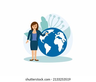 Vektorflache Illustration, kleine Menschen bereiten sich auf den Tag der Umwelt, retten den Planeten, Energie sparen