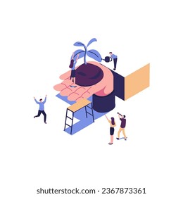 Vector flat illustration, small people prepare for the holiday, save the planet from pollution, World Environment Day, Bio technology, in the big hand the earth with a plant vector