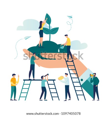 Vector flat illustration, small people prepare for the holiday, save the planet from pollution, World Environment Day, Bio technology, in the big hand the earth with a plant vector