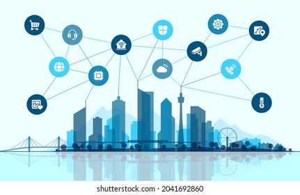 Vector flat illustration. Smart city connection concept. Tech landscape whith integrated thin line icons. Growth network system, shopping, medicine, security, rental, transport, delivery services.