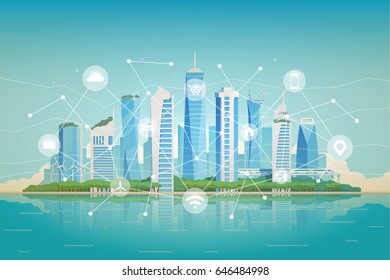 Vector Flat Illustration. Smart City. Modern Buildings. Green City. Icons Of Wifi, Internet, Communication, Locations, Car Rent, Shopping Of Technology For Smart City Conceptual.