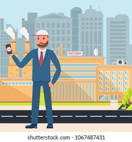 Vector flat illustration of a smart factory on a city background. Engineer or director in the background of the plant, start the plant through a mobile phone with the button start factory.