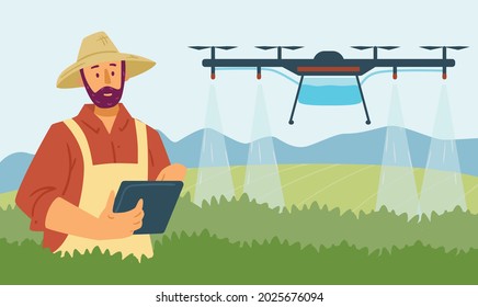 Vector flat illustration of smart farming using digital technologies and drones to automate irrigation of agriculture. Farmer controls from tablet and irrigates the field