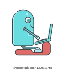 Vector flat illustration - smart robot with laptop  - RPA scene