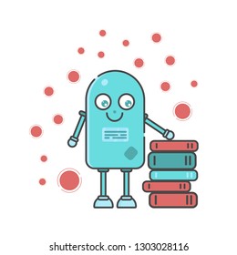 Vector flat illustration - smart robot with laptop  - RPA scene. White isolated background 
