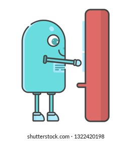 Vector flat illustration - smart robot with automat - RPA scene. White isolated background 