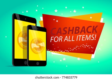 Vector flat illustration with smartphone ad tablet and golden coin on its screen isolated on green background. Electronic gadget. Gold coin icon with dollar symbol.
