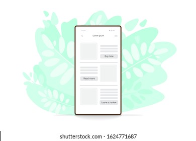 Vector flat illustration of smartphone in green leaves. Modern cell phone icon.