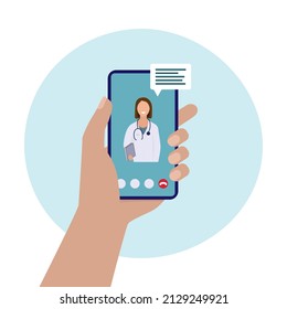 Vector Flat Illustration, Smartphone In Hands Internet Medicine, Doctor Online Consultation Concept. Video Call, Conversation With A Doctor