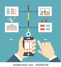 Vector flat illustration of smartphone with wireframe pages. Content and work - vector illustration