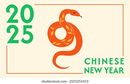 Vector flat illustration of snake for lunar new year. Happy 2025 chinese new year banner. Mystical fantasy asian reptile. Holiday greeting card or banner template