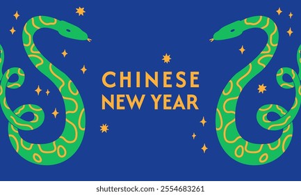 Vector flat illustration of snakes for lunar chinese 2025 new year. Mystical fantasy asian reptiles. Holiday greeting card or banner template