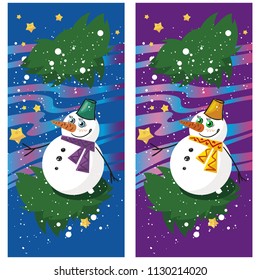 Vector flat illustration of snowman with scarf and pail and Christmas tree. Snow. Winter. Northern lights. Stars in the sky. Set.