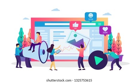 Vector flat illustration of social media ads marketing strategy, Online advertising. Suitable for web banner, ui, poster, flyer, mobile app. 