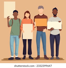 Vector flat illustration social theme people with placards. Unity in diversity. People of different nationalities and religions. multinational society. Teamwork, cooperation, friendship concept