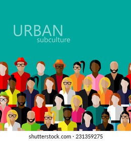 vector flat  illustration of society members with a large group of men and women. population. urban subculture concept