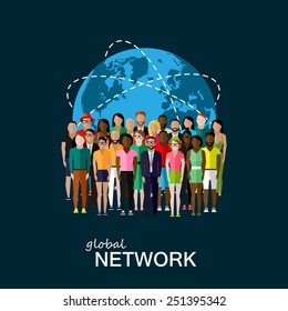 Vector Flat Illustration Of Society Members With A Large Group Of Men And Women. Population. Modern Society Or Global Network Concept 