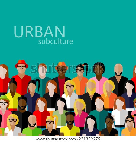 vector flat  illustration of society members with a large group of men and women. population. urban subculture concept