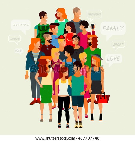 Vector Flat Illustration of Society Members with a Large Group of Young Men and Women. Population. Urban Lifestyle Concept.