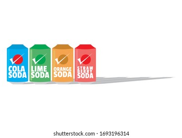 Vector flat illustration : Soda cans with various flavors (cola, lime, orange, and strawberry), isolated on white background