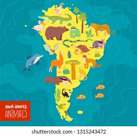 Vector flat illustration of South America continent, animals & plants: crocodile, bear, anaconda, anteater, monkey, toucan, fir tree, oak, cactus etc. Good for infographics, children book, banners.