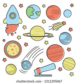 Vector flat illustration - space collection with moon, sun, stars and planets