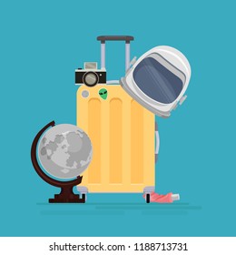 Vector flat illustration of space tourist's suitcase with an astronaut's helmet, a moon globe and a camera. Space tourism. Illustration for your creativity
