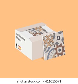 Vector Flat Illustration of the Spanish Ceramic Tile in Box.