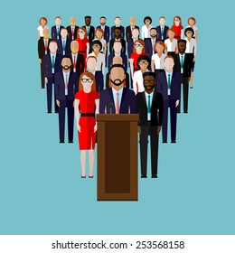 vector flat  illustration of a speaker (party candidate or leader) and team or electorate crowd. political campaign. election debates or press conference concept svg