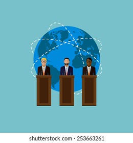 vector flat  illustration of a speakers and globe symbol. politicians. election debates or international affair press conference concept