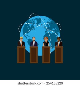 vector flat  illustration of a speakers and globe symbol. politicians. election debates or international affair press conference concept