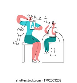 Vector flat illustration speech therapist session with child. Abstract lock and key are shown as symbol of solving problem. It can be used in web design, banners, postcards, etc.